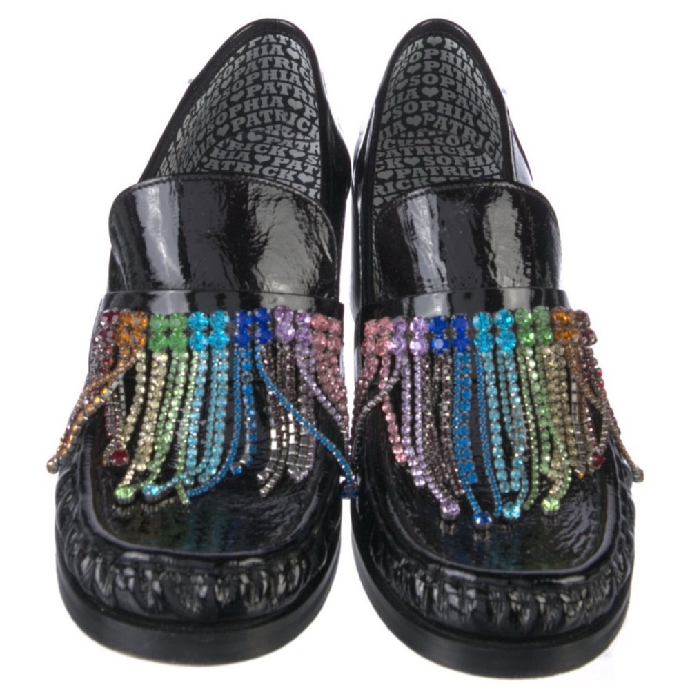 Sophia Webster patent leather stacked heel loafer.